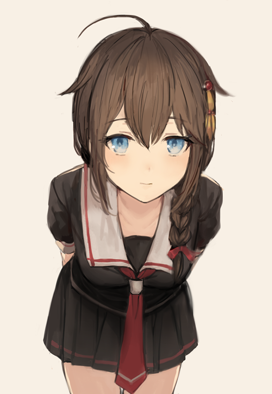 1girl ahoge arms_behind_back bangs black_serafuku black_shirt blue_eyes braid breasts brown_hair closed_mouth collarbone cowboy_shot eyebrows_visible_through_hair hair_between_eyes hair_flaps hair_ornament hair_over_shoulder hair_ribbon hairpin kantai_collection light_smile long_hair looking_at_viewer medium_breasts neckerchief red_neckwear remodel_(kantai_collection) ribbon sailor_collar school_uniform serafuku sha_(isago) shigure_(kantai_collection) shirt short_sleeves side_braid sidelocks simple_background single_braid skirt smile solo standing