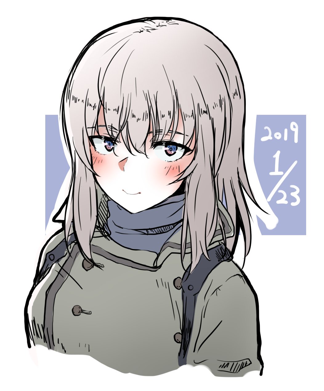 1girl bangs blush casual closed_mouth commentary cropped_torso dated eyebrows_visible_through_hair girls_und_panzer grey_coat grey_shirt highres itsumi_erika long_hair looking_at_viewer outline portrait shichisaburo shirt smile solo turtleneck white_background white_outline