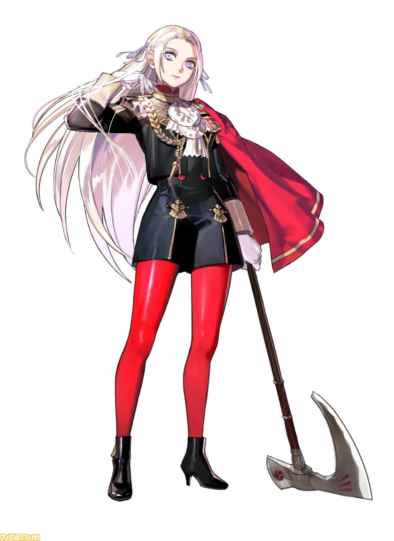 1girl axe cape capelet cravat edelgard_von_hresvelgr_(fire_emblem) fire_emblem fire_emblem:_three_houses fire_emblem_heroes gloves hair_ornament hand_in_hair high_heels holding holding_weapon intelligent_systems kurahana_chinatsu long_hair nintendo official_art red_cape ribbon shorts silver_hair solo thigh-highs uniform violet_eyes watermark weapon white_background