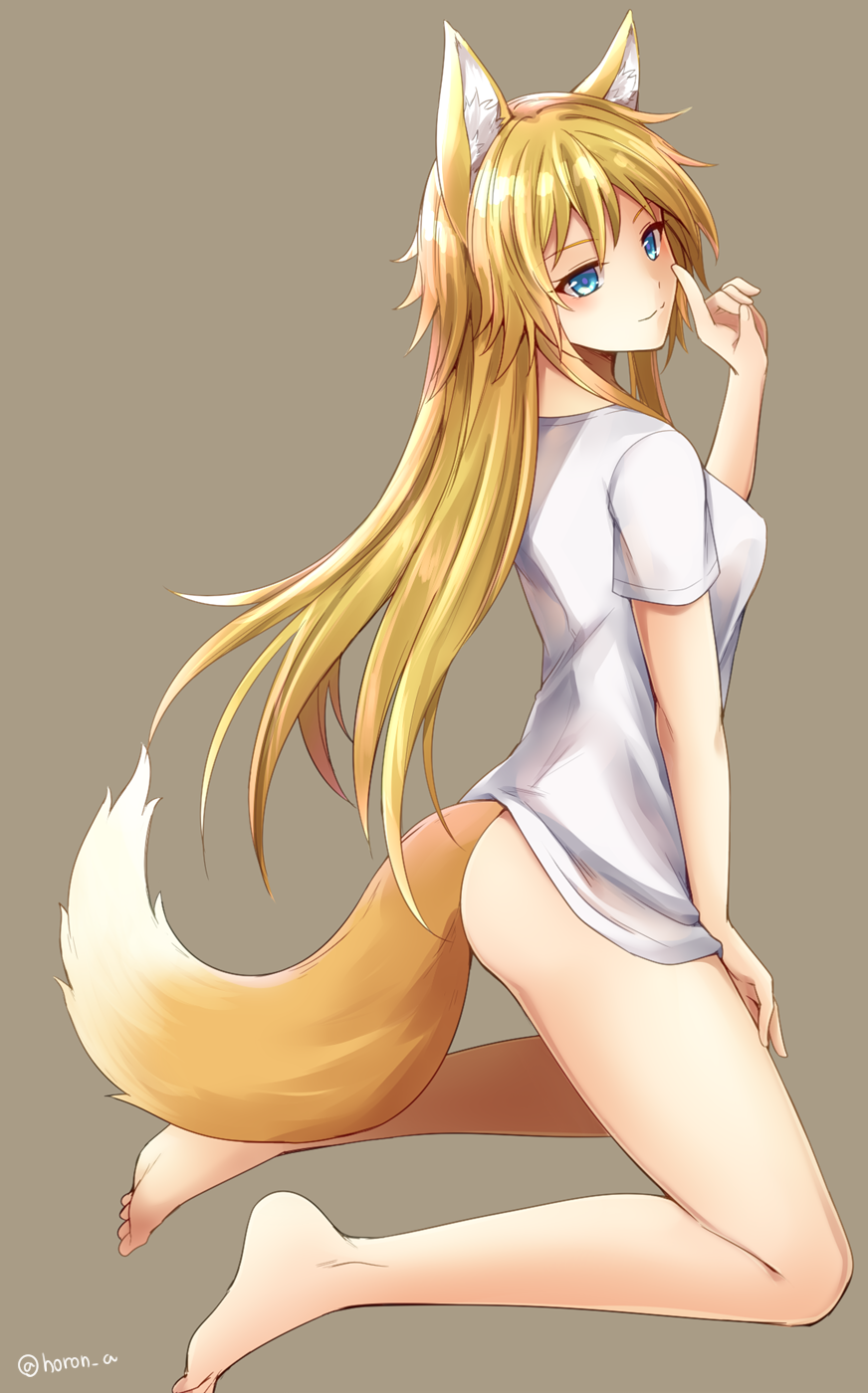 1girl animal_ears bare_legs barefoot blonde_hair blue_eyes breasts brown_background commentary_request fox_ears fox_girl fox_tail full_body highres horon'a kneeling long_hair medium_breasts monochrome_background naked_shirt original shirt short_sleeves simple_background smile tail white_shirt