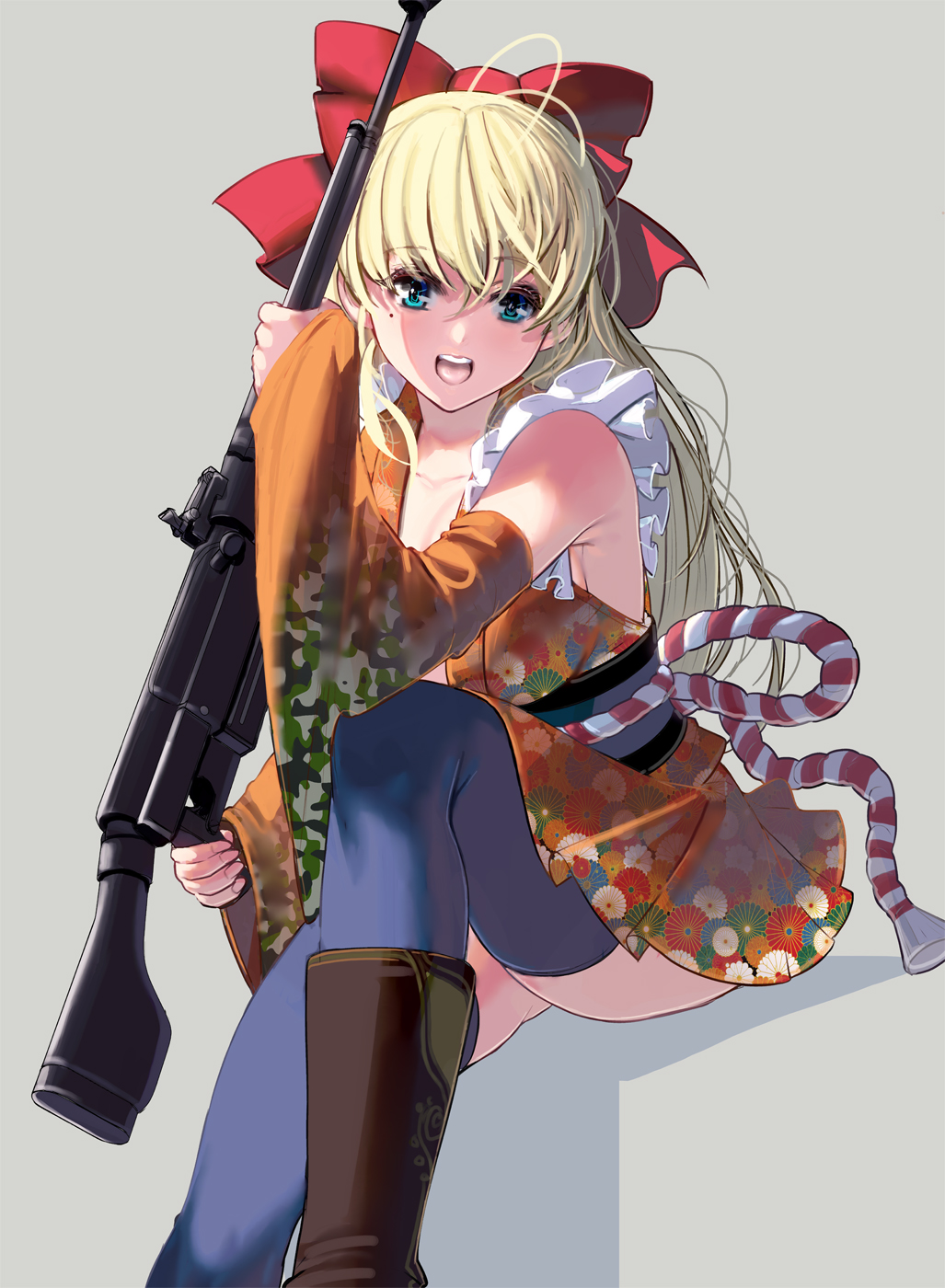 1girl antenna_hair bangs blonde_hair blue_eyes blue_legwear boots bow breasts commentary_request cowboy_boots detached_sleeves eyebrows_visible_through_hair food fruit grey_background gun hair_bow highres holding holding_gun holding_weapon invisible_chair japanese_clothes kimono looking_at_viewer masao medium_breasts mole mole_under_eye obi open_mouth orange orange_kimono orange_slice original over_shoulder red_bow rifle rope sash shimenawa sitting solo thigh-highs thighs weapon weapon_over_shoulder weapon_request wide_sleeves