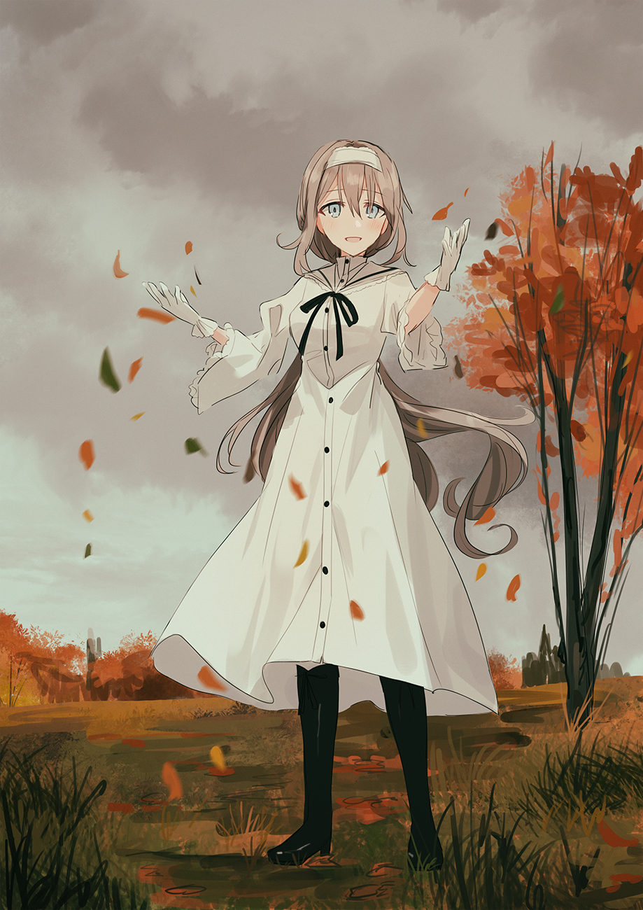 1girl :d autumn_leaves bangs black_footwear black_ribbon blue_eyes blush boots breasts brown_hair chihuri clouds cloudy_sky collared_dress day dress eyebrows_visible_through_hair full_body gloves grass hair_between_eyes hair_ribbon hairband high_heel_boots high_heels highres juliet_sleeves knee_boots long_hair long_sleeves medium_breasts open_mouth original outdoors puffy_sleeves ribbon sky smile solo standing tree very_long_hair white_dress white_gloves white_hairband wide_sleeves