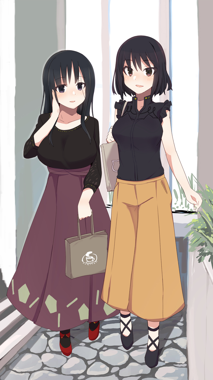 2girls alice_gear_aegis bag bangs black_footwear black_hair black_legwear black_shirt blush breasts brown_skirt character_request collarbone commentary_request eyebrows_visible_through_hair hair_between_eyes high-waist_skirt highres holding holding_bag large_breasts long_hair long_sleeves looking_at_viewer maze_(gochama_ze_gohan) multiple_girls pantyhose paper_bag parted_lips pleated_skirt red_eyes red_footwear shirt shoes shopping_bag skirt sleeveless sleeveless_shirt smile stairs stone_stairs violet_eyes walking