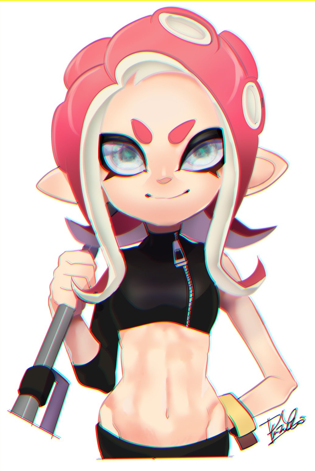 &gt;:) 1girl agent_8 chromatic_aberration closed_mouth crop_top e-liter_4k_(splatoon) grey_eyes groin hand_up highres holding isamu-ki_(yuuki) long_hair looking_at_viewer navel octarian octoling pink_hair signature simple_background single_sleeve sleeves_past_elbows smile solo splatoon splatoon_(series) splatoon_2 splatoon_2:_octo_expansion suction_cups tentacle_hair v-shaped_eyebrows white_background zipper zipper_pull_tab