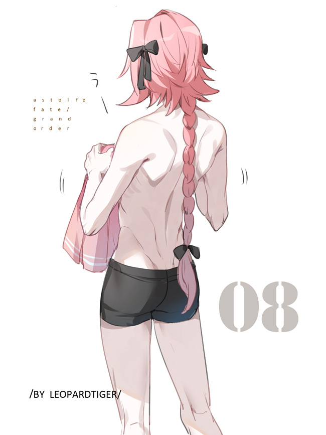 1boy artist_name ass astolfo_(fate) back bishounen black_bow black_ribbon bow boxers braid buttoning copyright_name fang fate/apocrypha fate_(series) from_behind hair_intakes hair_ribbon holding_shirt leopardtiger long_braid long_hair male_focus motion_lines multicolored_hair no_pants numbered pink_hair ribbon school_uniform shirtless simple_background single_braid skin_fang solo streaked_hair toned toned_male underwear underwear_only violet_eyes white_background