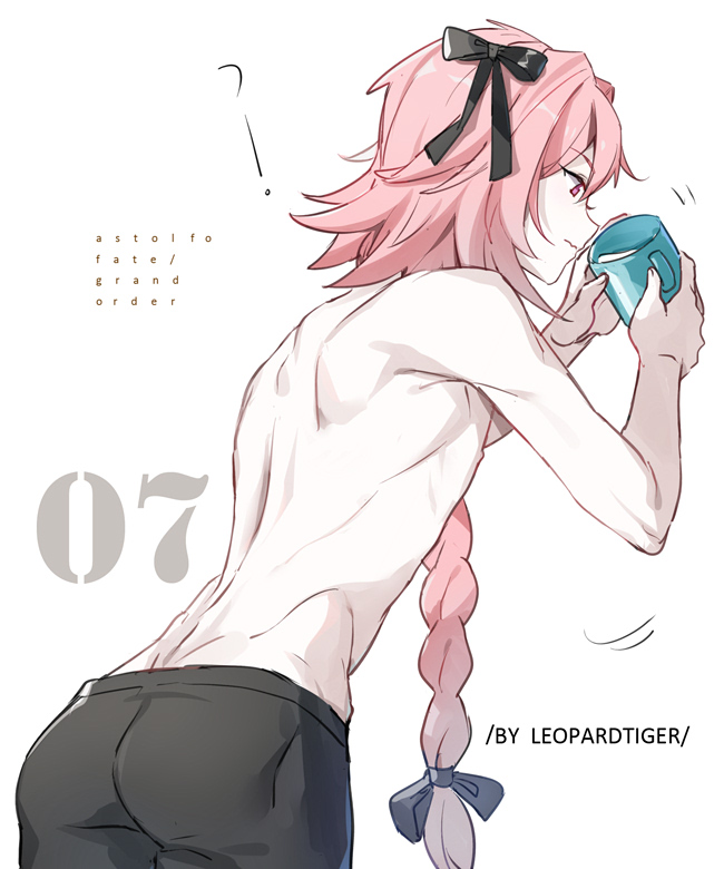 1boy artist_name ass astolfo_(fate) back bishounen black_bow black_ribbon bow boxers braid buttoning copyright_name cup drinking fang fate/apocrypha fate_(series) from_behind hair_intakes hair_ribbon holding holding_cup leopardtiger long_braid long_hair male_focus messy_hair motion_lines multicolored_hair no_pants numbered pink_hair ribbon shirtless simple_background single_braid skin_fang solo streaked_hair toned toned_male underwear underwear_only violet_eyes white_background