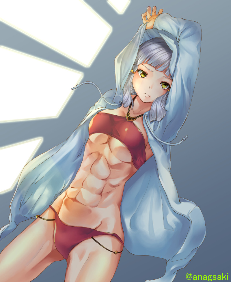 1girl abs aona_(kuuga19yuu) arm_up bikini breasts collarbone commentary_request fate/grand_order fate_(series) hood hood_up hoodie large_breasts looking_at_viewer muscle muscular_female open_clothes open_hoodie penthesilea_(fate/grand_order) red_bikini short_hair silver_hair solo swimsuit twitter_username under_boob yellow_eyes