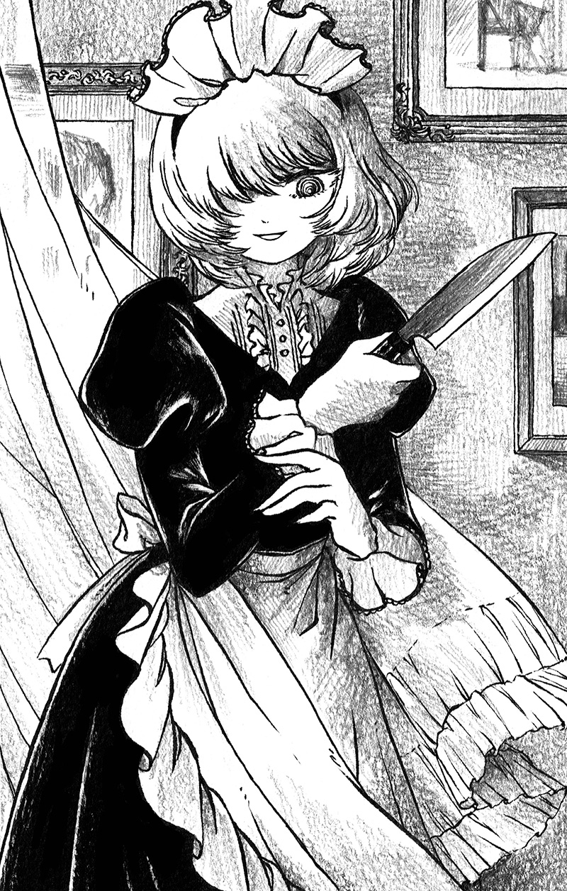 1girl apron bangs black_dress cowboy_shot curtains dress frame greyscale hair_over_one_eye highres holding holding_knife juliet_sleeves knife long_sleeves maid maid_apron maid_headdress monochrome northeast_mountain original parted_lips puffy_sleeves short_hair smile solo