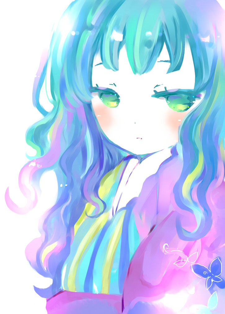 1girl bangs blue_hair blush colorful commentary eyebrows_behind_hair green_eyes green_hair long_hair looking_at_viewer multicolored multicolored_clothes multicolored_hair original parted_lips pink_hair purple_hair simple_background solo symbol_commentary tsukiyo_(skymint) upper_body wavy_hair white_background