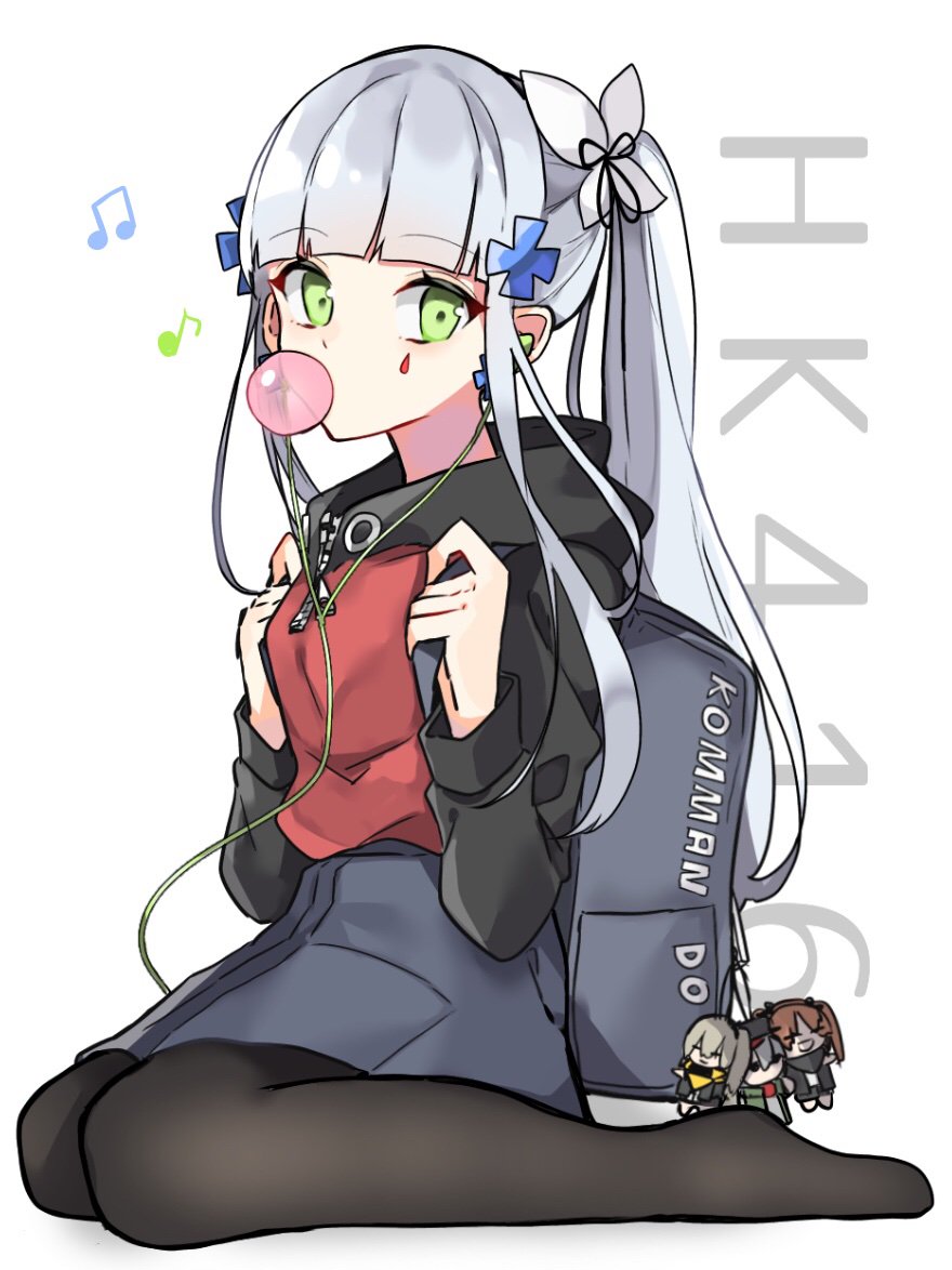 1girl 404_(girls_frontline) alternate_costume alternate_hairstyle aogisa backpack bag bubble_blowing chewing_gum doll earphones g11_(girls_frontline) girls_frontline green_eyes hk416_(girls_frontline) long_hair pantyhose ponytail silver_hair solo ump45_(girls_frontline) ump9_(girls_frontline)
