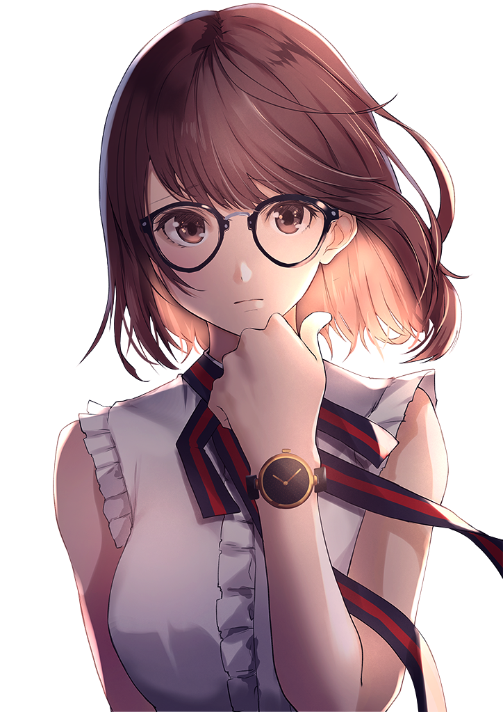 1girl backlighting bangs bare_arms bare_shoulders black-framed_eyewear black_ribbon breasts brown_eyes brown_hair closed_mouth frilled_shirt frills glasses hand_up looking_at_viewer original ribbon shirt short_hair simple_background sleeveless sleeveless_shirt solo sone_(takahiro-osone) upper_body watch watch white_background white_shirt