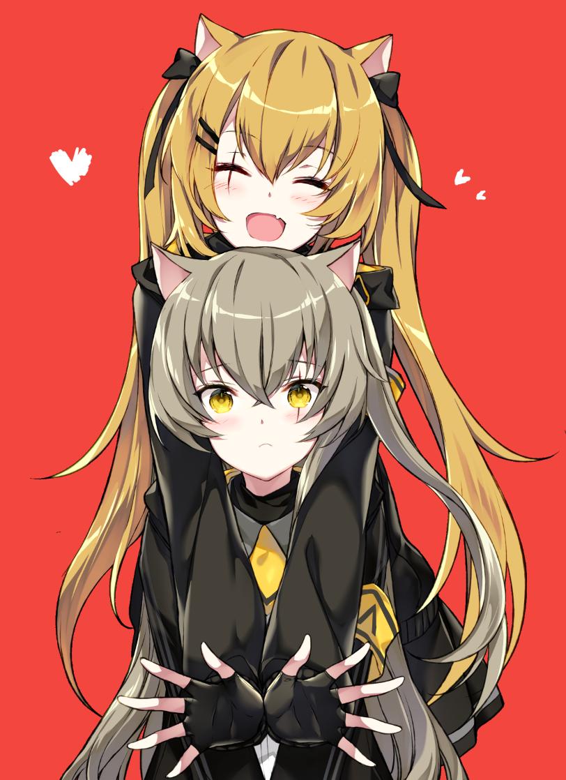 2girls animal_ears armband black_gloves black_jacket black_ribbon black_skirt blush brown_hair cat_ears closed_eyes commentary_request cowboy_shot embarrassed fang fingerless_gloves from_behind girls_frontline gloves grey_hair hair_ornament hair_ribbon hairpin hands happy head_tilt heart hood hooded_jacket jacket juna leaning_on_person long_hair looking_at_viewer multiple_girls neck_ribbon open_clothes open_jacket open_mouth pose red_background ribbon scar scar_across_eye shirt side_ponytail skirt smile twintails ump45_(girls_frontline) ump9_(girls_frontline) white_shirt yellow_eyes