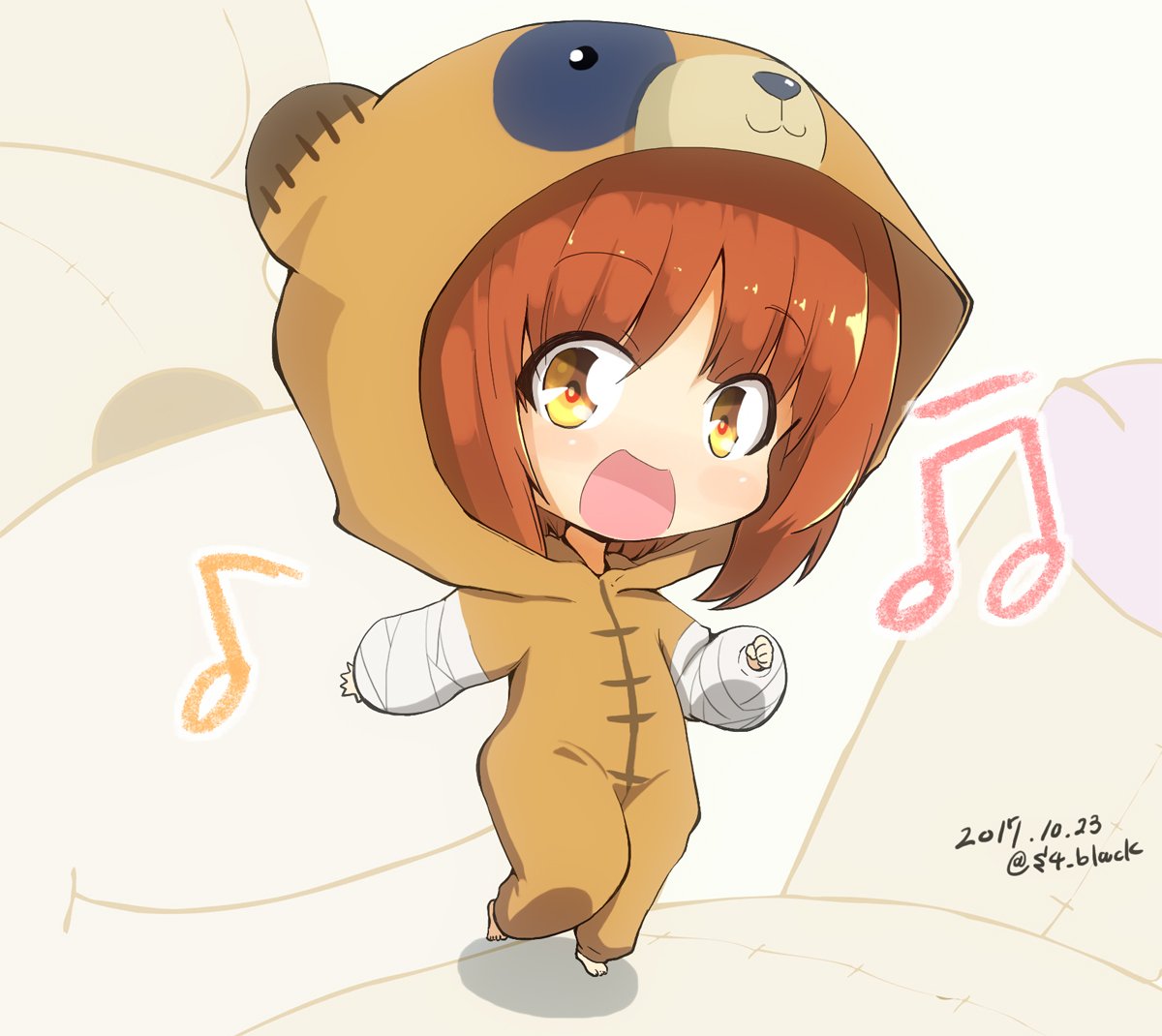 1girl :d animal_costume animal_print artist_name bandage bangs barefoot beamed_eighth_notes bear_costume bear_print boko_(girls_und_panzer) brown_eyes brown_hair child commentary dated eighth_note eyebrows_visible_through_hair full_body girls_und_panzer jinguu_(4839ms) looking_at_viewer musical_note nishizumi_miho onesie open_mouth pajamas shadow short_hair smile solo standing younger