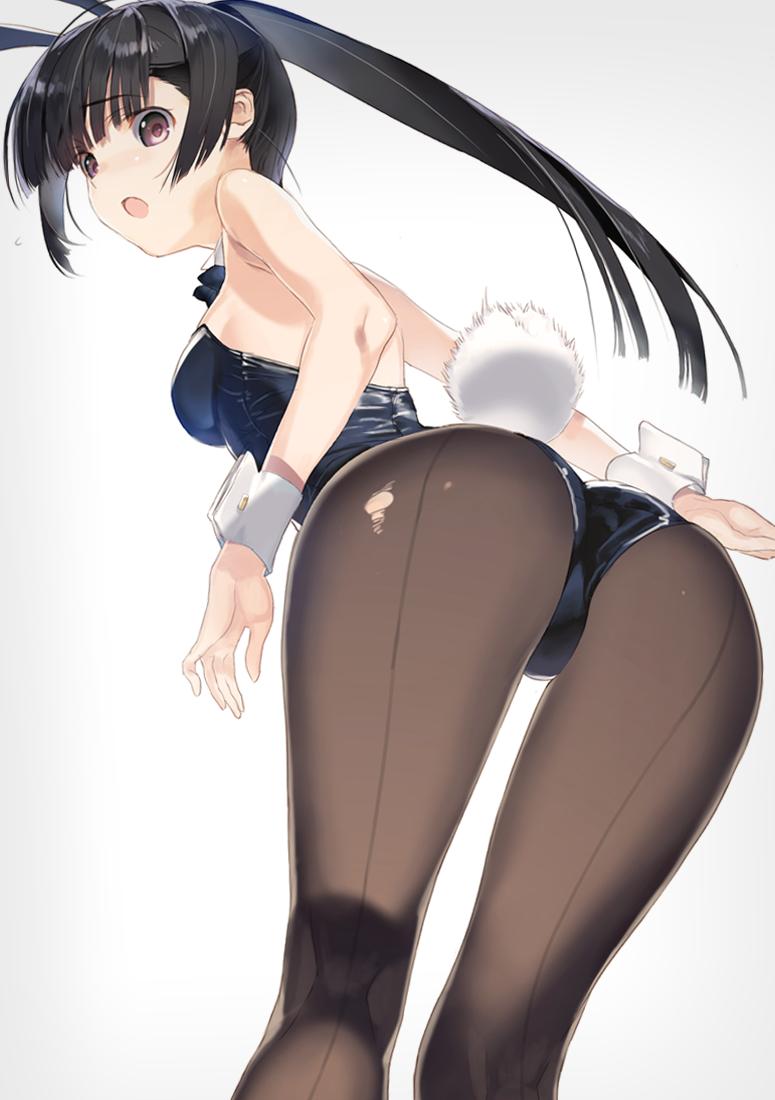 1girl animal_ears ass bangs bare_shoulders black_hair black_leotard breasts bunny_tail bunnysuit commentary_request detached_collar eyebrows_visible_through_hair fake_animal_ears from_behind leotard long_hair looking_at_viewer looking_back medium_breasts nakamura_takeshi open_mouth pantyhose ponytail rabbit_ears red_eyes shiny shiny_clothes shiny_hair simple_background solo strapless strapless_leotard sugiura_koharu tail torn_clothes torn_legwear white_album_2 white_background wrist_cuffs