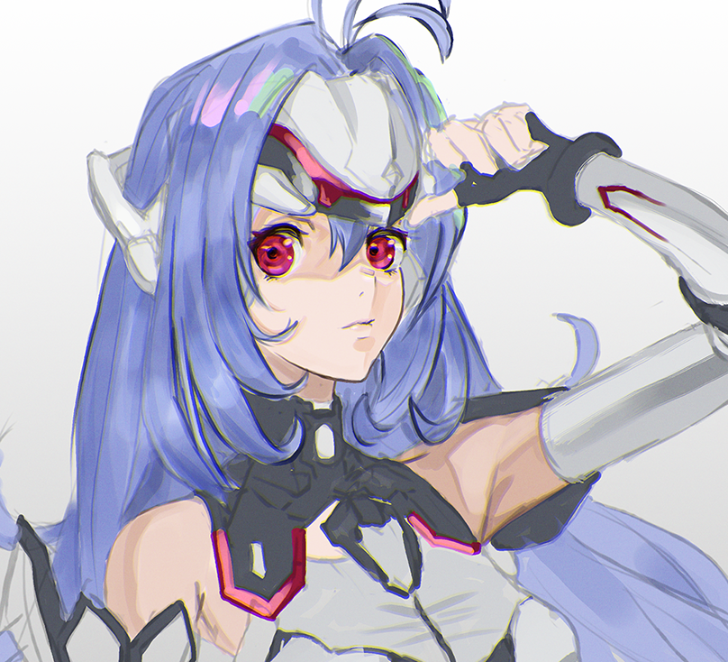1girl android artist_request bare_shoulders blue_hair breasts expressionless forehead_protector gloves kos-mos kos-mos_re: long_hair looking_at_viewer nintendo red_eyes simple_background solo very_long_hair xenoblade_(series) xenoblade_2 xenosaga