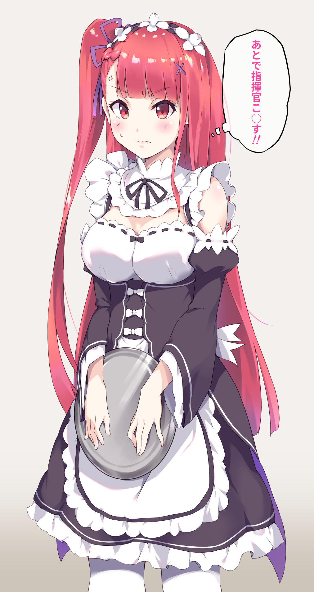 1girl alternate_hair_color apron bare_shoulders blush breasts bushinofuji cleavage commentary_request cosplay detached_collar frills girls_frontline highres large_breasts long_hair maid maid_apron medium_breasts ram_(re:zero) ram_(re:zero)_(cosplay) re:zero_kara_hajimeru_isekai_seikatsu red_eyes redhead side_ponytail solo standing translation_request tray wa2000_(girls_frontline)