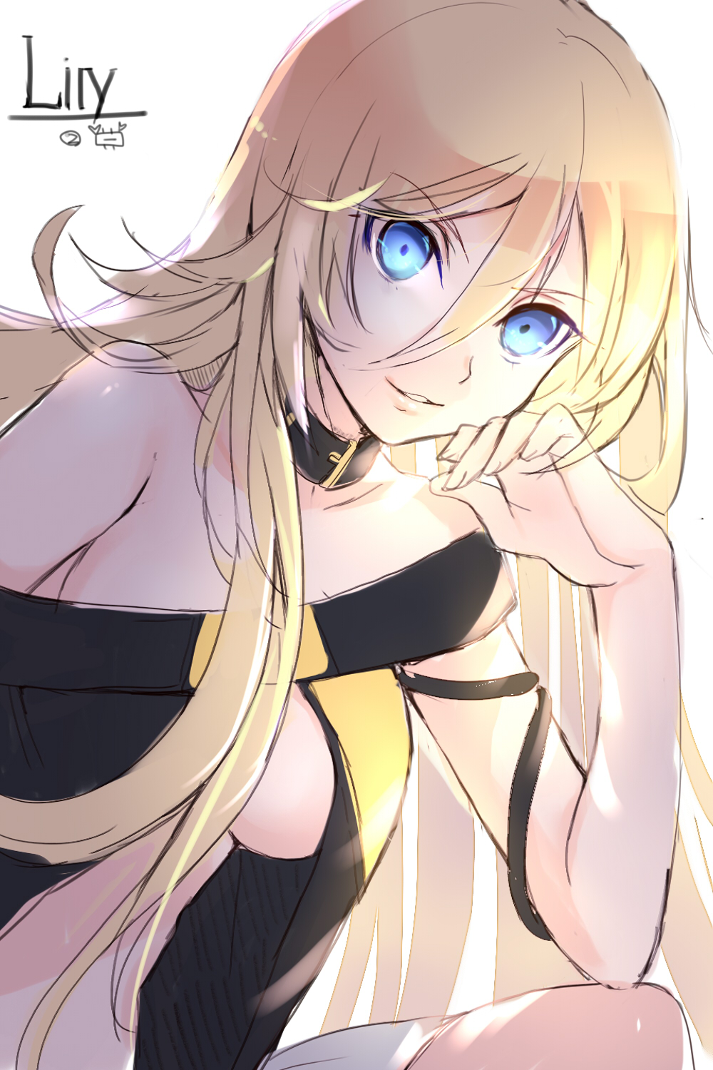 1girl arm_ribbon black_ribbon blonde_hair blue_eyes breasts character_name collar collarbone eyebrows_visible_through_hair hair_between_eyes highres lily_(vocaloid) long_hair looking_at_viewer medium_breasts miniskirt off_shoulder parted_lips ribbon simple_background sitting sketch skirt sleeveless smile solo under_boob very_long_hair vocaloid white_background white_skirt yuuki_kira