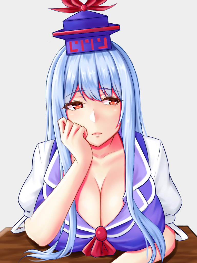 1girl blue_hair breast_rest breasts cleavage collarbone commentary_request eyebrows_visible_through_hair grey_background hand_on_own_cheek hat kamishirasawa_keine large_breasts light_frown lips looking_to_the_side mimasi_osuwari puffy_short_sleeves puffy_sleeves red_eyes ribbon short_sleeves simple_background solo table touhou upper_body