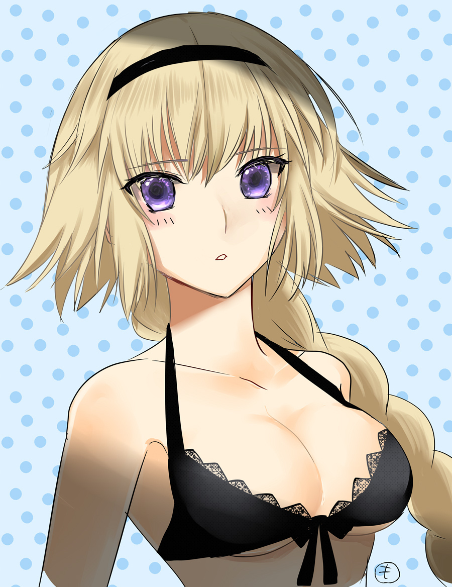 1girl aile_t black_bikini_top black_hairband black_ribbon blonde_hair blue_background blush braid braided_ponytail breasts cleavage collarbone fate/grand_order fate_(series) front-tie_bikini front-tie_top hairband halterneck jeanne_d'arc_(fate)_(all) jeanne_d'arc_(swimsuit_archer) long_hair looking_at_viewer medium_breasts parted_lips polka_dot polka_dot_background ribbon single_braid solo under_boob upper_body very_long_hair violet_eyes