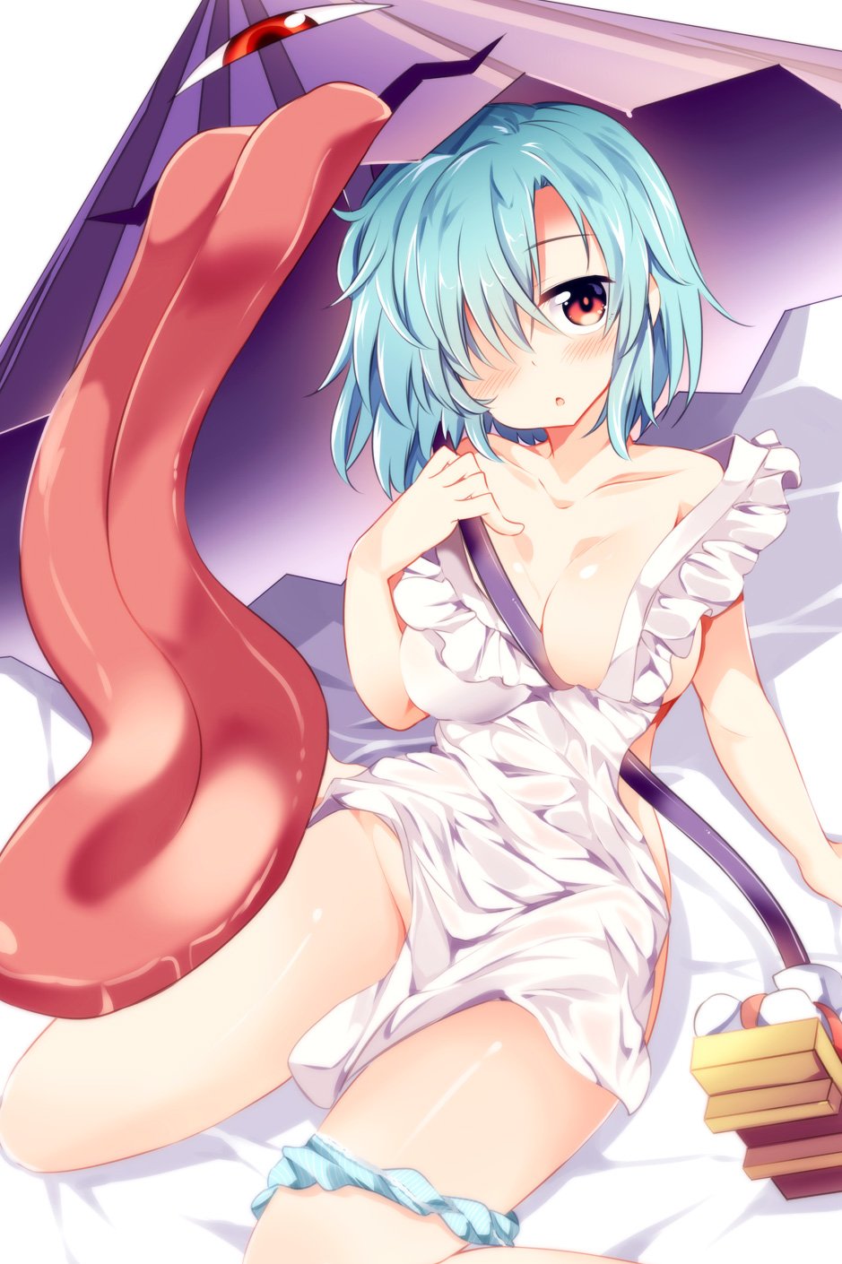 1girl apron arm_support bare_arms bare_shoulders bed_sheet blue_hair blue_panties blush breasts cleavage collarbone commentary_request eyebrows_visible_through_hair feet_out_of_frame frilled_apron frills geta groin hair_over_one_eye head_tilt highres large_breasts looking_at_viewer maturiuta_sorato naked_apron off_shoulder panties panties_around_leg parted_lips purple_umbrella red_eyes shadow short_hair sidelocks simple_background sitting solo tatara_kogasa thighs tongue tongue_out touhou umbrella underwear white_apron white_background