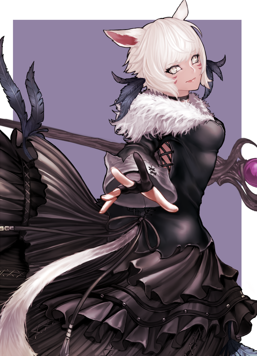 1girl animal_ears black_dress black_gloves black_mage blonde_hair cat_ears cat_tail choker closed_mouth dress facial_mark feathers final_fantasy final_fantasy_xiv fingernails frilled_dress frills from_behind fur_collar gloves hair_feathers hand_up holding holding_staff holding_wand hyuu_(sing-dog) long_dress long_sleeves looking_at_viewer looking_back miqo'te outstretched_arm outstretched_hand partly_fingerless_gloves platinum_blonde_hair short_hair slit_pupils solo spread_fingers staff tail tail_through_clothes twisted_torso wand whisker_markings y'shtola_rhul