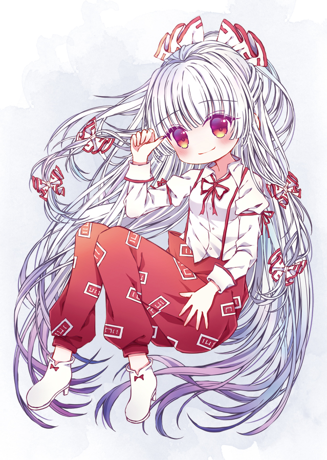 1girl ankle_boots armband arms_up bangs blue_background blush boots breasts chibi eyebrows_visible_through_hair fujiwara_no_mokou hair_ribbon long_hair long_sleeves looking_at_viewer ofuda pants red_eyes ribbon rimei simple_background sitting sleeve_cuffs small_breasts smile solo suspenders touhou very_long_hair white_background white_footwear white_hair