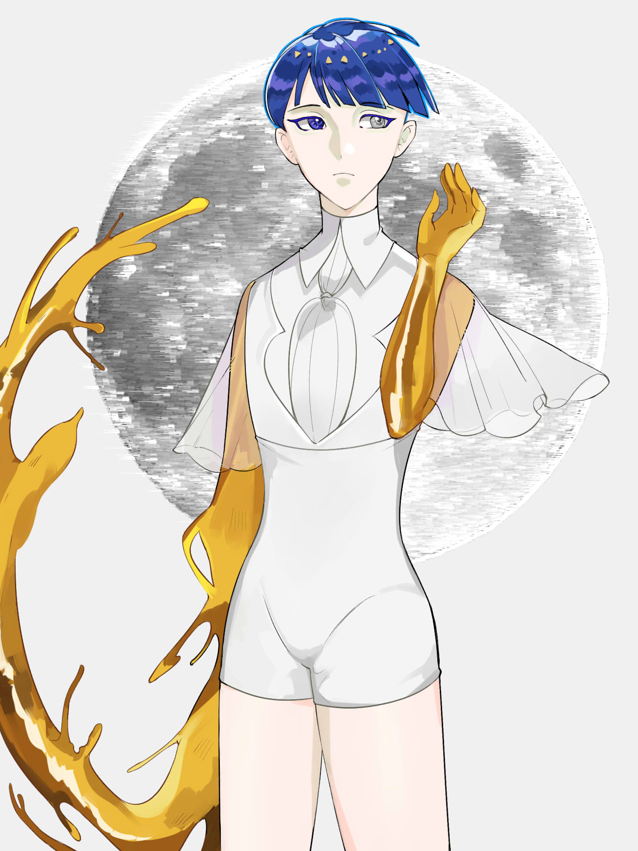 1other androgynous bangs blue_eyes blue_hair blunt_bangs colored_eyelashes crystal_hair full_moon gold golden_arms grey_background grey_eyes heterochromia highres houseki_no_kuni looking_away moon necktie phosphophyllite phosphophyllite_(ll) see-through_sleeves short_hair solo spoilers white_eyes