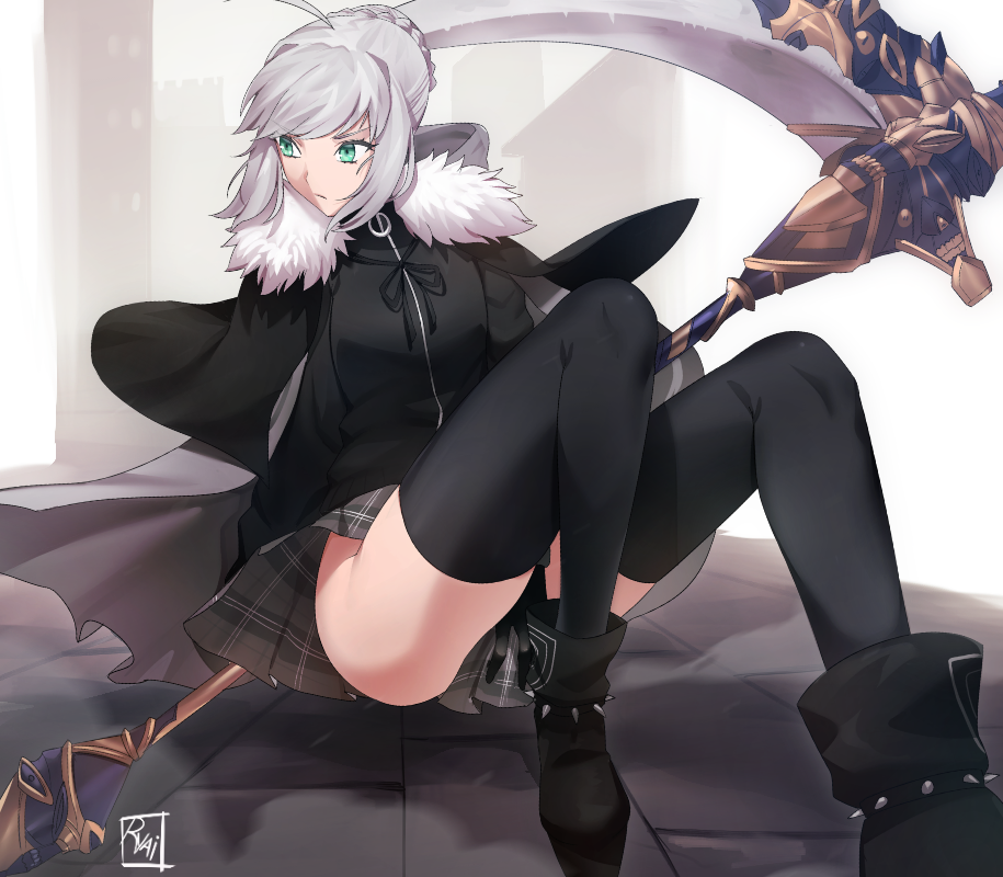 1girl black_jacket black_legwear boots breasts cape closed_mouth eyebrows_visible_through_hair fate/grand_order fate_(series) gloves gray_(lord_el-melloi_ii) grey_eyes holding jacket long_sleeves looking_at_viewer lord_el-melloi_ii_case_files plaid plaid_skirt ryairyai scythe skirt solo sword thigh-highs weapon white_hair
