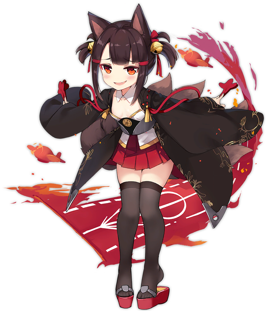 1girl akagi-chan_(azur_lane) akagi_(azur_lane) animal_ears azur_lane bell black_legwear blush boqboq breasts brown_hair eyebrows_visible_through_hair fang fox_ears fox_girl fox_tail hair_bell hair_ornament japanese_clothes jingle_bell kyuubi multiple_tails official_art open_mouth pleated_skirt red_eyes red_skirt skin_fang skindentation skirt small_breasts smile smug solo tail thigh-highs twintails younger