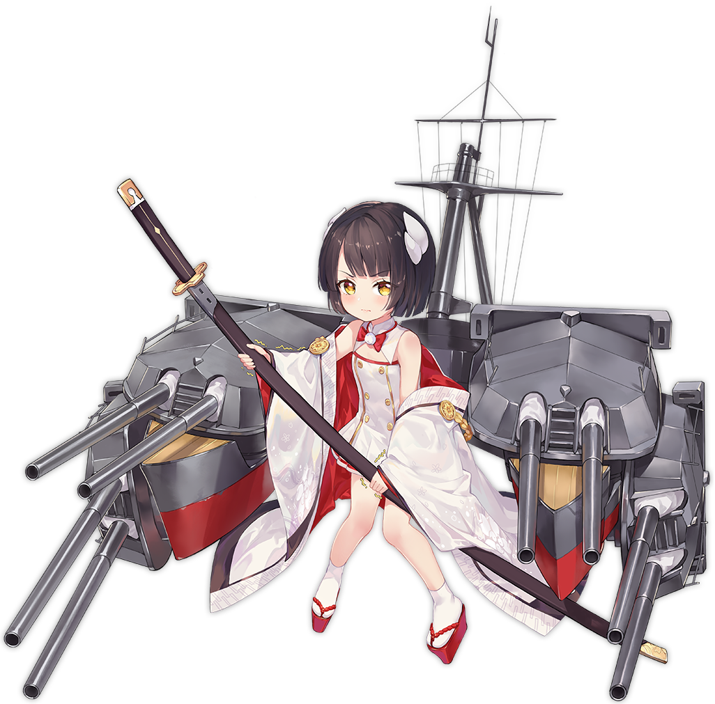 &gt;:) 1girl :d azur_lane bangs bare_shoulders blush brown_eyes brown_hair cannon closed_mouth criin dress eyebrows_visible_through_hair full_body hiei-chan_(azur_lane) hiei_(azur_lane) holding holding_sheath horns katana long_sleeves looking_at_viewer machinery official_art open_mouth platform_footwear pleated_dress red_footwear sheath sheathed short_dress short_hair sleeveless sleeveless_dress sleeves_past_wrists smile socks sword transparent_background trembling turret v-shaped_eyebrows wavy_mouth weapon white_dress white_legwear wide_sleeves