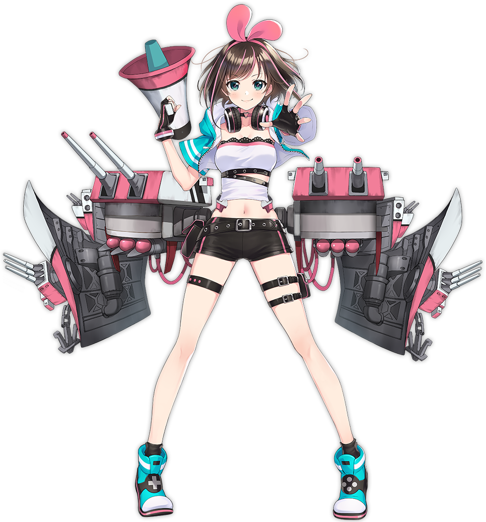 1girl a.i._channel ankle_boots azur_lane bangs bare_shoulders belt black_gloves black_legwear black_shorts blue_eyes blush boots bow bowtie breasts brown_hair cannon character_name choker cropped_jacket detached_sleeves eyebrows_visible_through_hair fingerless_gloves full_body gloves hairband headphones headphones_around_neck holding_megaphone jacket kizuna_ai kizuna_ai_(supergamer)_(azur_lane) kurot lace-trimmed_tubetop looking_at_viewer multicolored_hair navel official_art open_clothes open_jacket outstretched_arm pink_hair pink_hairband ribbon rigging sailor_collar shirt short_hair short_shorts shorts sidelocks skirt smile socks solo strapless streaked_hair tachi-e thigh_strap thighs torpedo_tubes transparent_background tubetop turret virtual_youtuber wind