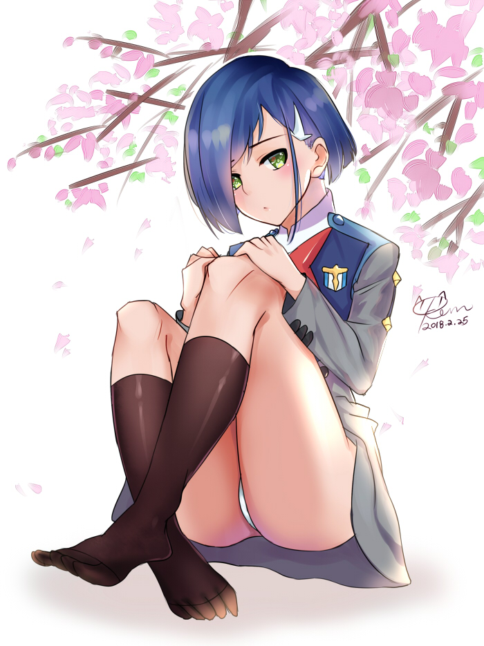 1girl 2018 black_legwear blue_hair cherry_blossoms darling_in_the_franxx dated flower full_body green_eyes grey_skirt hair_ornament hairclip hands_on_own_knees ichigo_(darling_in_the_franxx) kevn kneehighs long_sleeves looking_at_viewer military_jacket miniskirt panties pantyshot pantyshot_(sitting) pink_flower short_hair signature sitting skirt solo underwear white_background white_panties