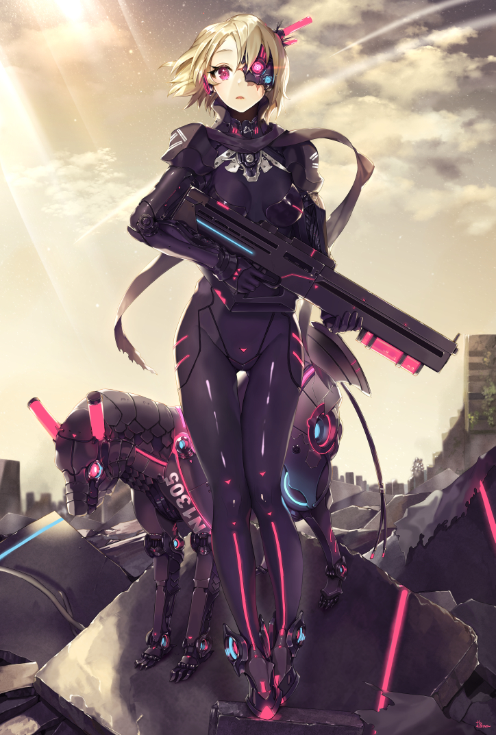 1girl blonde_hair bodysuit breastplate building clouds cloudy_sky cyborg day expressionless full_body fuu_kotora gloves gun headphones holding holding_gun holding_weapon legs_together light_rays looking_at_viewer mecha mecha_musume mechanical_eye mechanical_horse neon_trim original outdoors parted_lips pink_eyes rifle robot rubble ruins science_fiction shiny shiny_clothes short_hair skin_tight sky standing star_(sky) starry_sky sunbeam sunlight thigh_gap weapon