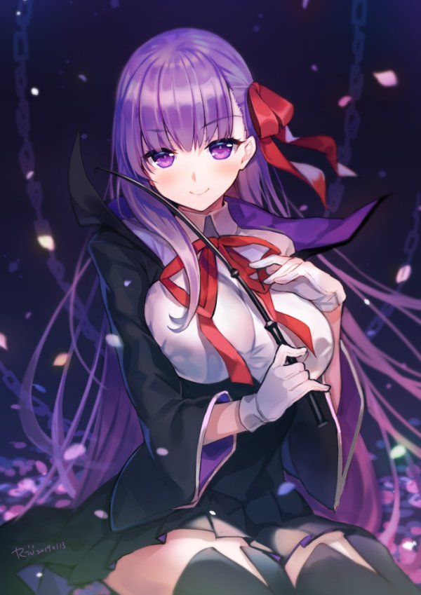 1girl bangs bb_(fate)_(all) bb_(fate/extra_ccc) black_coat black_skirt blush breasts chains closed_mouth coat fate/extra fate/extra_ccc fate_(series) gloves hair_ribbon high-waist_skirt large_breasts leotard long_hair long_sleeves looking_at_viewer open_clothes open_coat petals popped_collar purple_hair red_ribbon ribbon riv sitting skirt smile solo thighs very_long_hair violet_eyes wand white_gloves white_leotard