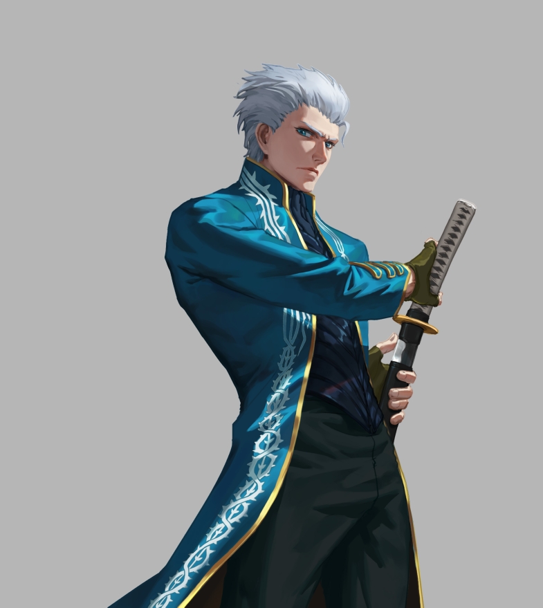 1boy black_pants blue_coat blue_eyes closed_mouth coat devil_may_cry devil_may_cry_3 fingerless_gloves frown gloves green_gloves grey_background holding holding_sword holding_weapon katana lp947131491 male_focus pants scabbard sheath simple_background solo standing sword turtleneck unsheathing vergil weapon white_hair