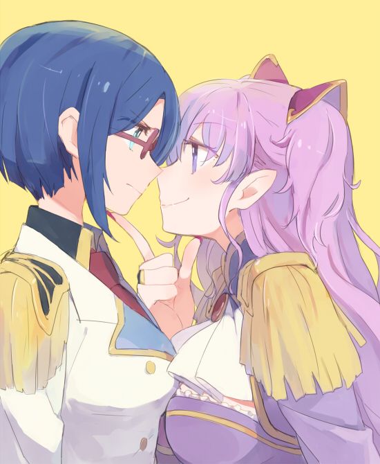 2girls artist_request blue_hair charlotte_shalzen couple flirting frown glasses green_eyes hair_ribbon imminent_kiss long_hair multiple_girls pink_hair ribbon shigure_kasumi short_hair smile sweatdrop valkyrie_drive valkyrie_drive_-mermaid- violet_eyes yuri