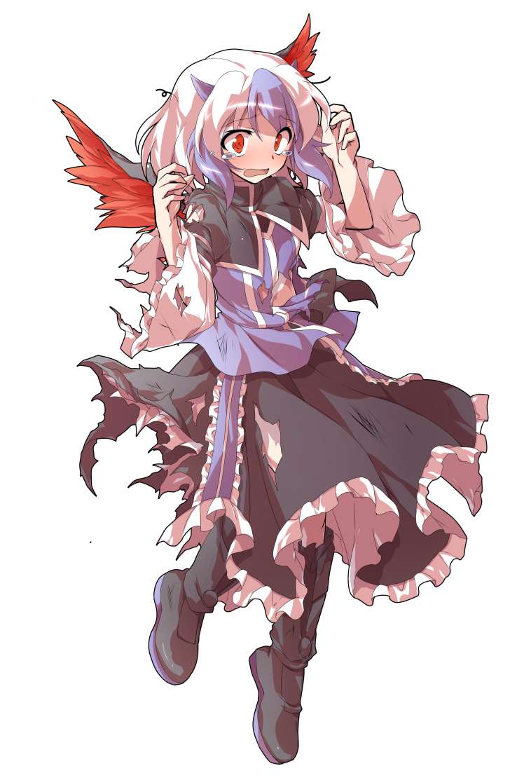 1girl alphes_(style) black_footwear black_skirt blue_hair boots dairi feathered_wings frilled_skirt frilled_sleeves frills full_body hands_up head_wings horns long_sleeves multicolored_hair open_mouth parody red_eyes red_wings shirt short_hair single_head_wing skirt solo style_parody tachi-e tears tokiko_(touhou) torn_clothes torn_shirt torn_skirt torn_sleeves touhou transparent_background two-tone_hair white_hair wide_sleeves wings