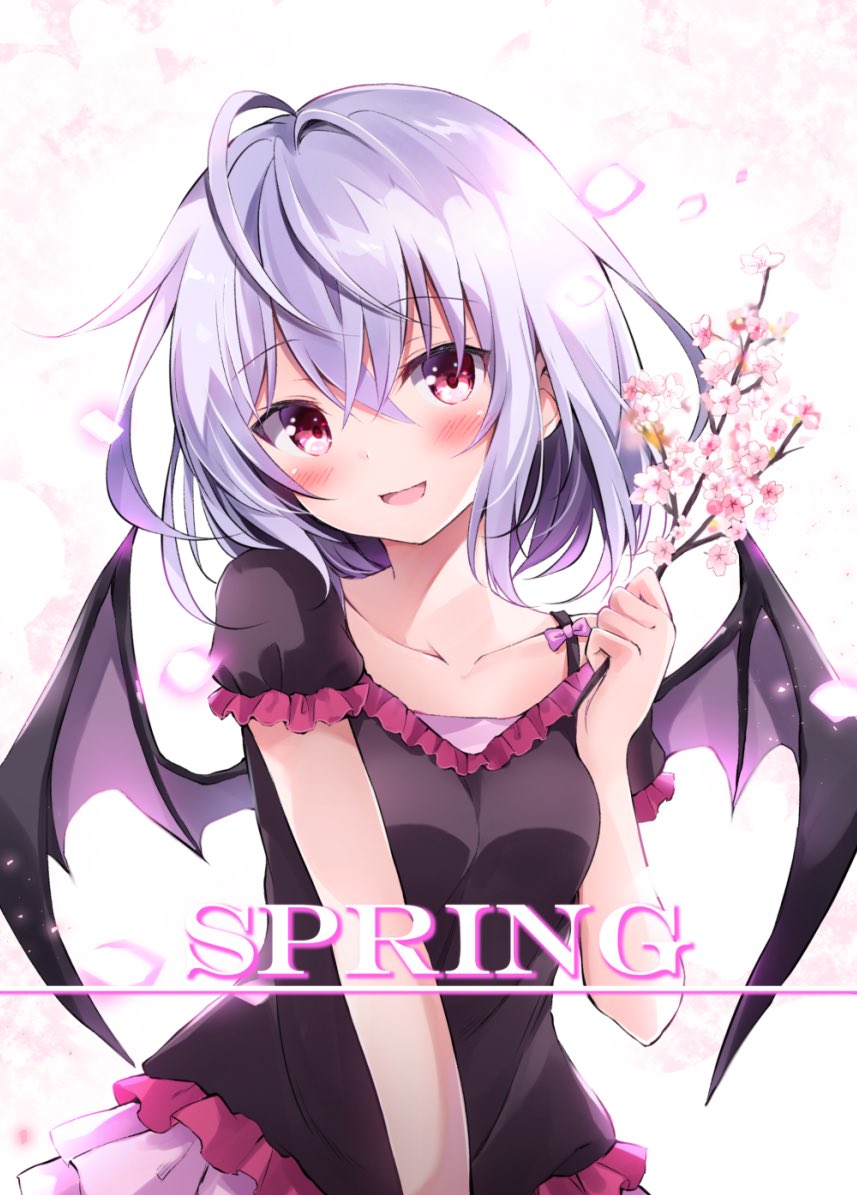 1girl :d ahoge alternate_costume bangs bat_wings black_shirt blush bow bra_strap branch breasts casual cherry_blossoms collarbone commentary_request cover flower frills hair_between_eyes hand_up head_tilt holding holding_branch hyurasan lavender_hair looking_at_viewer no_hat no_headwear open_mouth petals pink_background pink_bow pink_eyes pink_flower pink_skirt red_eyes remilia_scarlet shirt short_hair short_sleeves sidelocks skirt small_breasts smile solo touhou upper_body wings