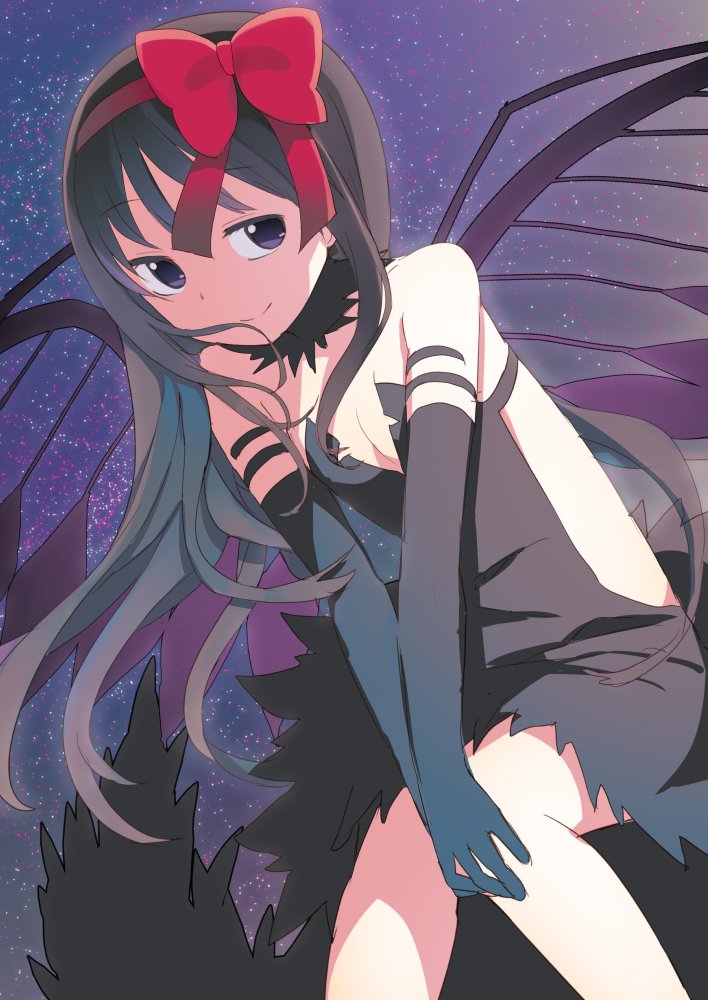 1girl aabtcndneefkg akuma_homura black_dress black_gloves black_hair bow breasts choker cleavage dress elbow_gloves floating_hair gloves hair_bow hairband hands_on_own_knees leaning_forward long_hair looking_at_viewer mahou_shoujo_madoka_magica night outdoors red_bow red_hairband short_dress sideboob sky sleeveless sleeveless_dress small_breasts smile solo standing star_(sky) starry_sky striped striped_dress violet_eyes wings