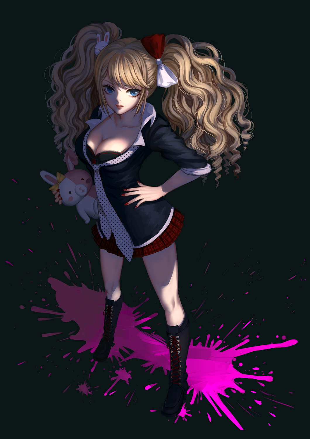 1girl :d black_background black_bra black_footwear black_jacket blonde_hair blood blood_splatter blue_eyes boots bow bra breasts bunny_hair_ornament cleavage collarbone curly_hair dangan_ronpa dangan_ronpa_1 drill_hair enoshima_junko floating_hair frilled_bra frills from_above full_body hair_bow hair_ornament hand_on_hip hei_yu highres holding holding_stuffed_animal jacket knee_boots long_hair looking_at_viewer medium_breasts miniskirt multicolored_bow nail_polish open_mouth plaid plaid_skirt pleated_skirt red_bow red_nails red_skirt skirt sleeves_rolled_up smile solo standing stuffed_animal stuffed_toy underwear very_long_hair white_bow