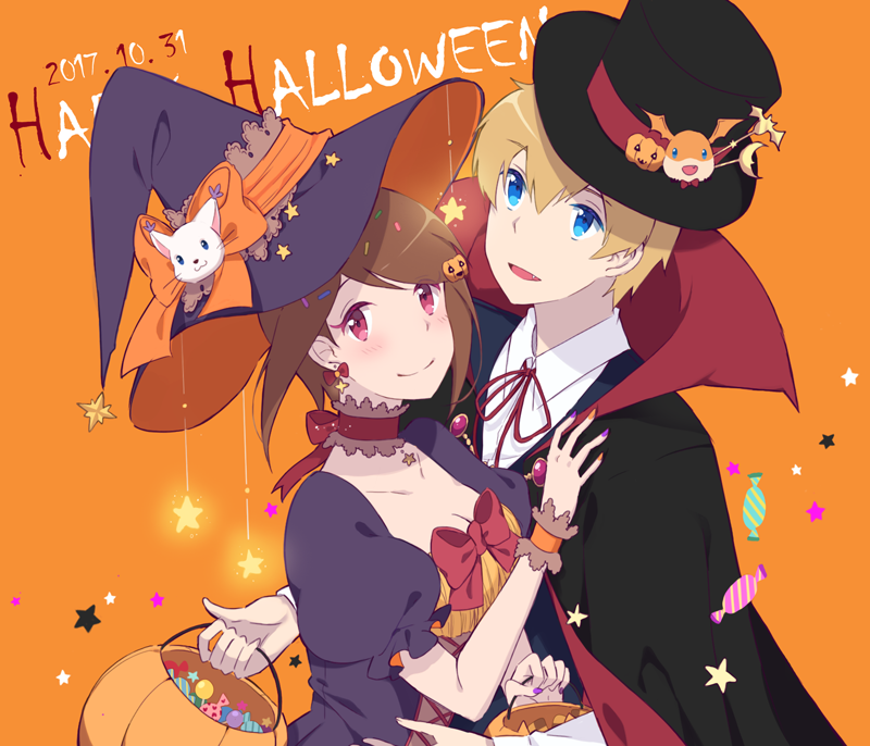 1boy 1girl bandai blonde_hair blue_eyes breasts brown_hair cleavage closed_mouth digimon digimon_adventure_tri. fang hair_ornament hairclip halloween hat looking_at_viewer maydream nail_polish namco open_mouth patamon pumpkin shogakukan short_hair smile tailmon takaishi_takeru toei_animation witch_hat yagami_hikari