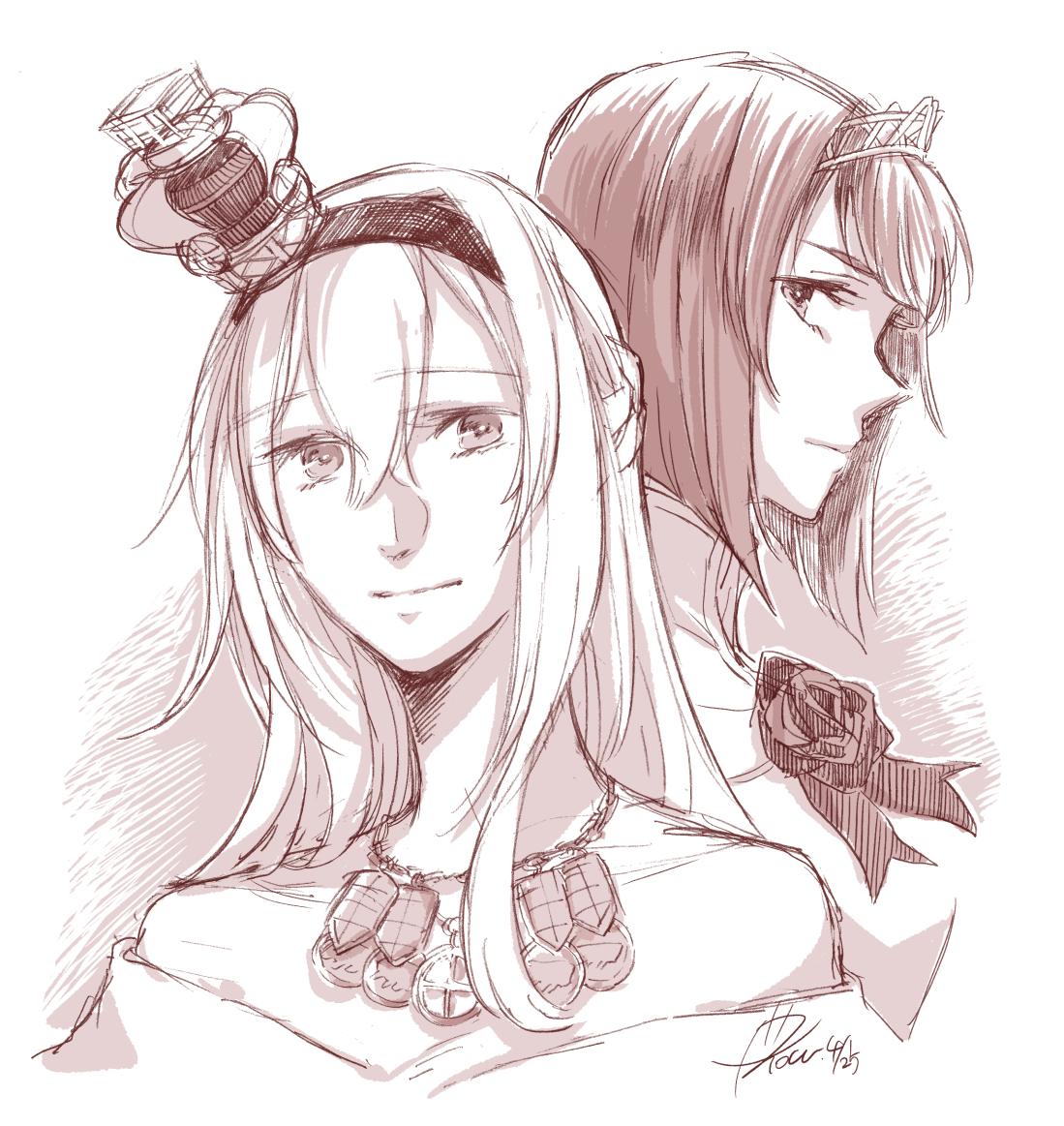 2girls ark_royal_(kantai_collection) bangs bare_shoulders blunt_bangs bob_cut braid chains closed_mouth collarbone crown dated dress eyebrows_visible_through_hair flower french_braid hair_between_eyes hair_ornament hair_over_shoulder hairband jewelry kantai_collection long_hair looking_at_viewer mini_crown monochrome multiple_girls necklace off-shoulder_dress off_shoulder ribbon rose short_hair signature simple_background tiara upper_body warspite_(kantai_collection) white_background yamada_rei_(rou)