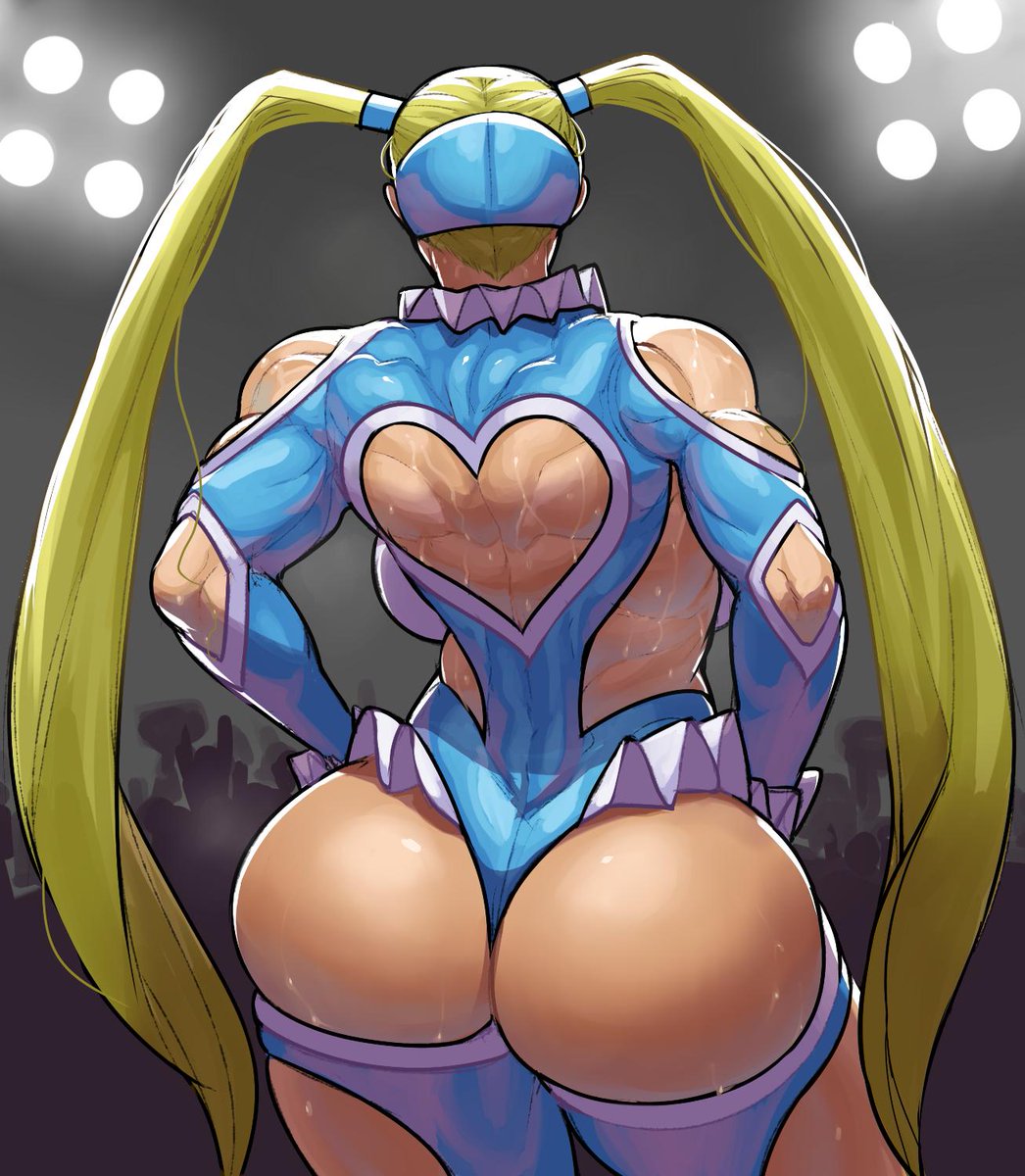 1girl ass audience backboob bare_shoulders blonde_hair breasts commentary from_behind heart_cutout highres huge_ass krekk0v large_breasts leotard long_hair muscle rainbow_mika solo stage_lights street_fighter street_fighter_v sweat thighs thong_leotard twintails very_long_hair