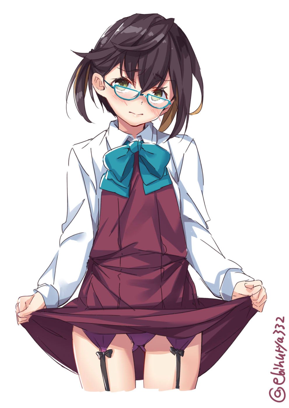 1girl black_hair blue-framed_eyewear blush bow bowtie brown_hair closed_mouth dress ebifurya eyebrows_visible_through_hair glasses green_eyes hair_between_eyes highres kantai_collection lifted_by_self looking_at_viewer multicolored_hair okinami_(kantai_collection) panties purple_panties school_uniform shirt short_hair simple_background sleeveless sleeveless_dress solo two_side_up underwear white_background white_shirt