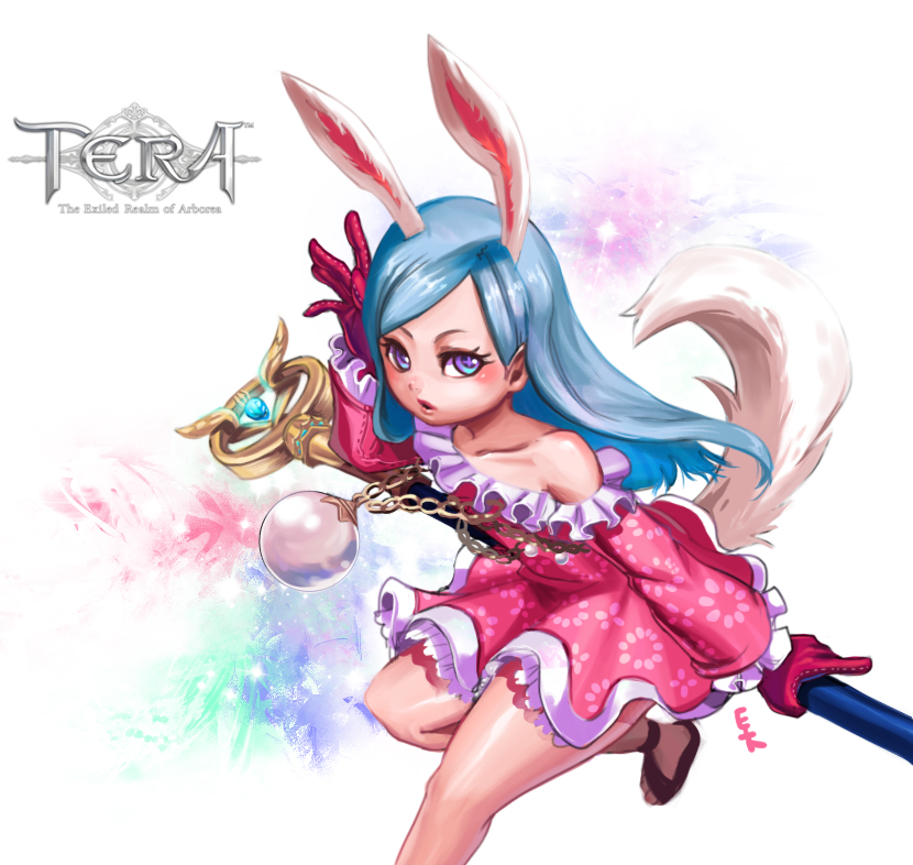 1girl animal_ears arm_up artist_request blue_eyes blue_hair copyright_name dog_tail dress elin_(tera) gloves jewelry leaning_forward long_hair necklace off_shoulder pink_dress print_dress rabbit_ears red_gloves sandals short_dress simple_background solo staff standing standing_on_one_leg symbol-shaped_pupils tail tera_online weapon white_background