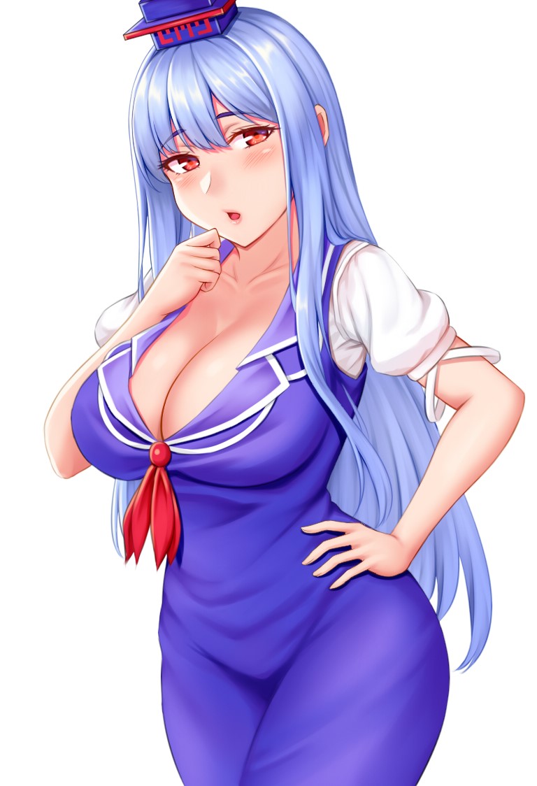 1girl blue_dress blue_hair blush breasts cleavage commentary_request cowboy_shot dress eyebrows_visible_through_hair eyelashes hand_on_hip hand_to_own_mouth hat hip_focus kamishirasawa_keine large_breasts long_hair looking_at_viewer mimasi_osuwari open_mouth puffy_short_sleeves puffy_sleeves red_eyes ribbon short_sleeves sideways_glance simple_background solo touhou white_background