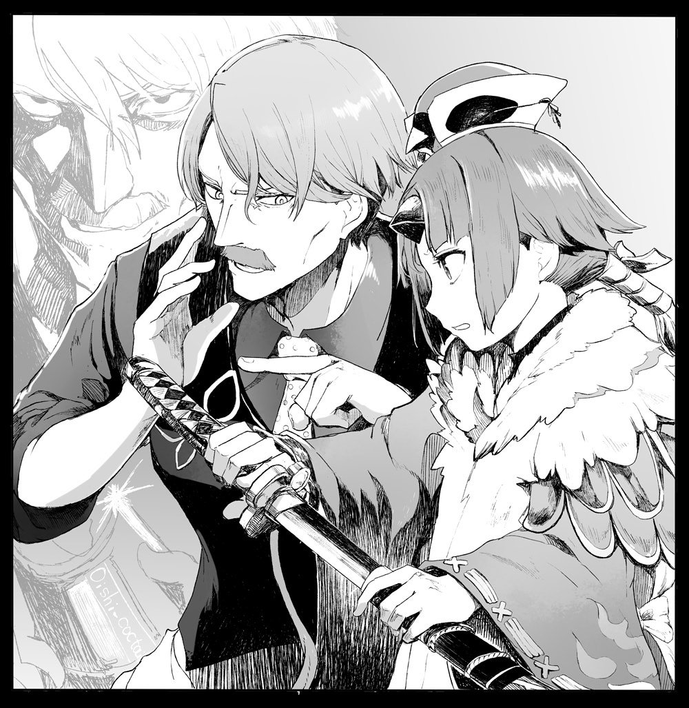 1boy 1girl apron benienma_(fate/grand_order) cocktail_shaker death_note facial_hair fate/grand_order fate_(series) greyscale hair_between_eyes hat holding horn james_moriarty_(fate/grand_order) katana long_hair monochrome mustache necktie parody pointing ponytail sheath smile sword syatey unsheathing vest weapon yagami_light