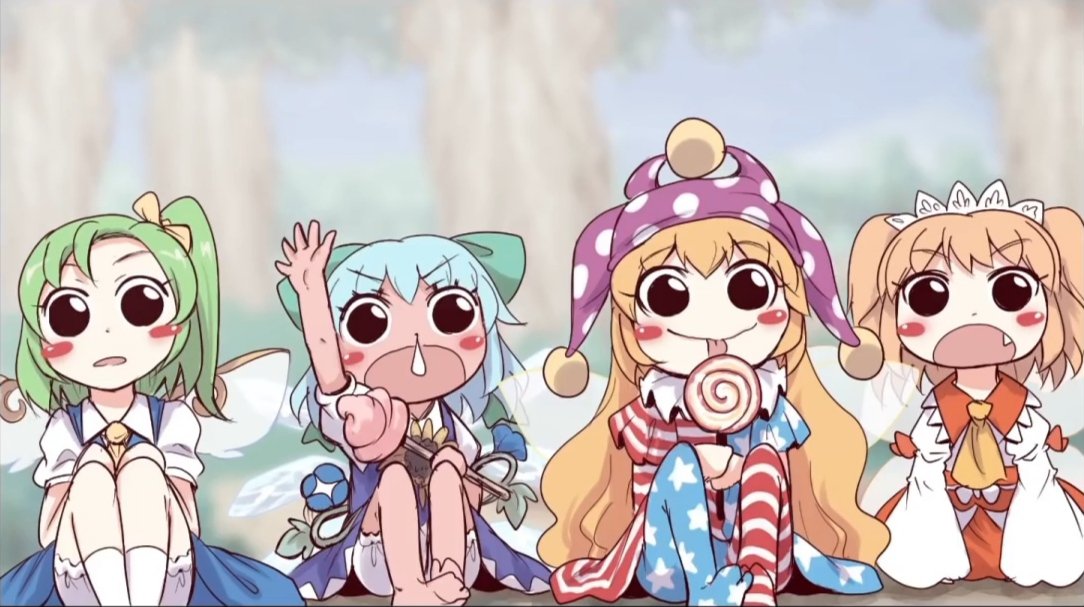 4girls american_flag_dress american_flag_legwear blonde_hair blue_bow blue_hair blush bow candy cirno clownpiece daiyousei dress fairy fairy_wings fang flower food green_hair hair_bow hand_up hat ice ice_wings jester_cap koubu6841 licking lollipop long_hair long_sleeves multiple_girls neck_ruff open_mouth pantyhose plant polka_dot puffy_sleeves ribbon shirt short_hair short_sleeves side_ponytail sitting skirt smile snot star_(symbol) star_print striped sunflower sunny_milk swirl_lollipop tanned_cirno touhou twintails very_long_hair wings