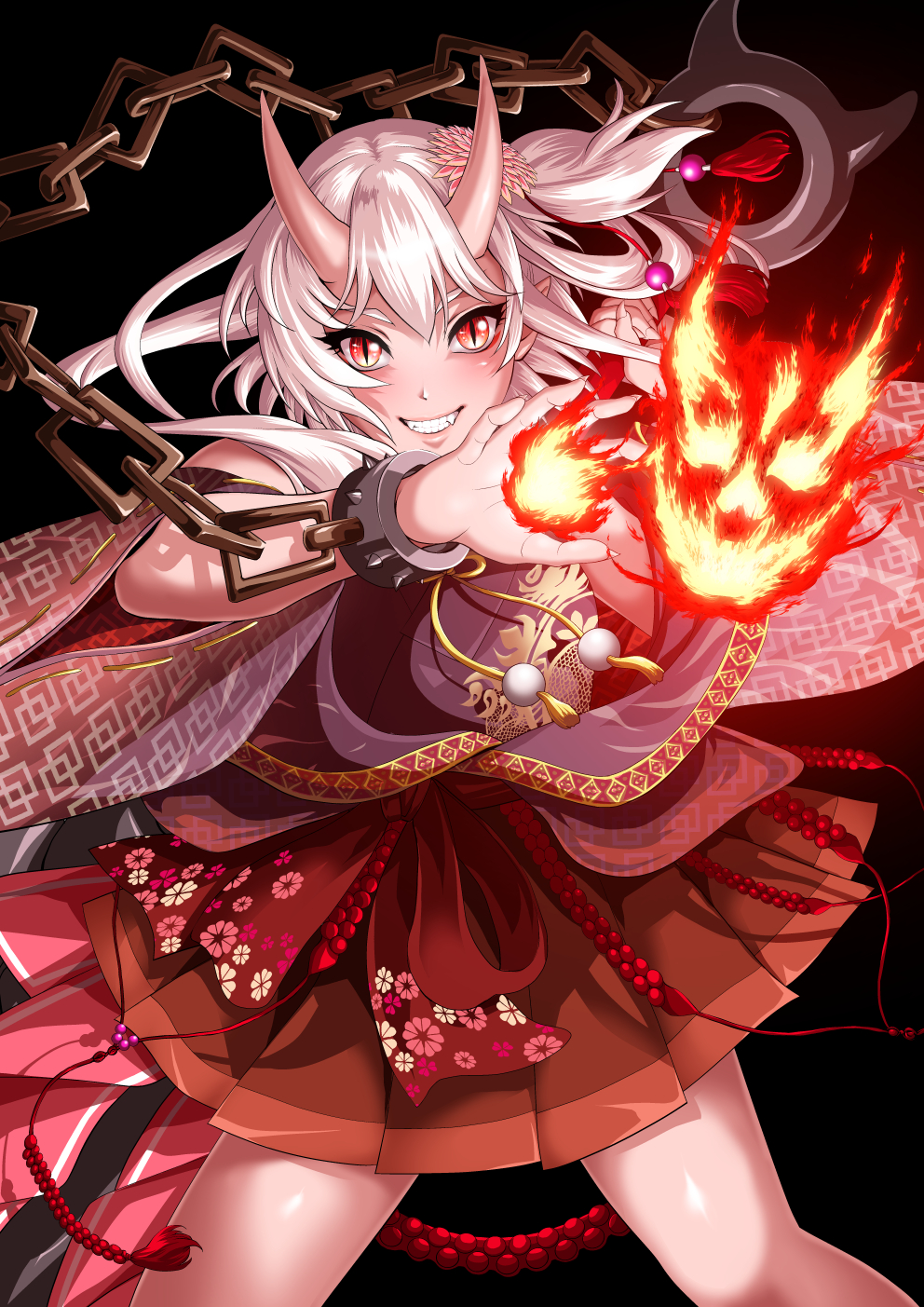 1girl black_background brown_skirt burning_hand chain chained chains fang flower hair_flower hair_ornament hand_up highres horns looking_at_viewer oni oni_horns onibahime_(sennen_sensou_aigis) open_mouth red_eyes sennen_sensou_aigis simple_background skirt slit_pupils smile sodai_gomi solo standing teeth white_hair wide_sleeves