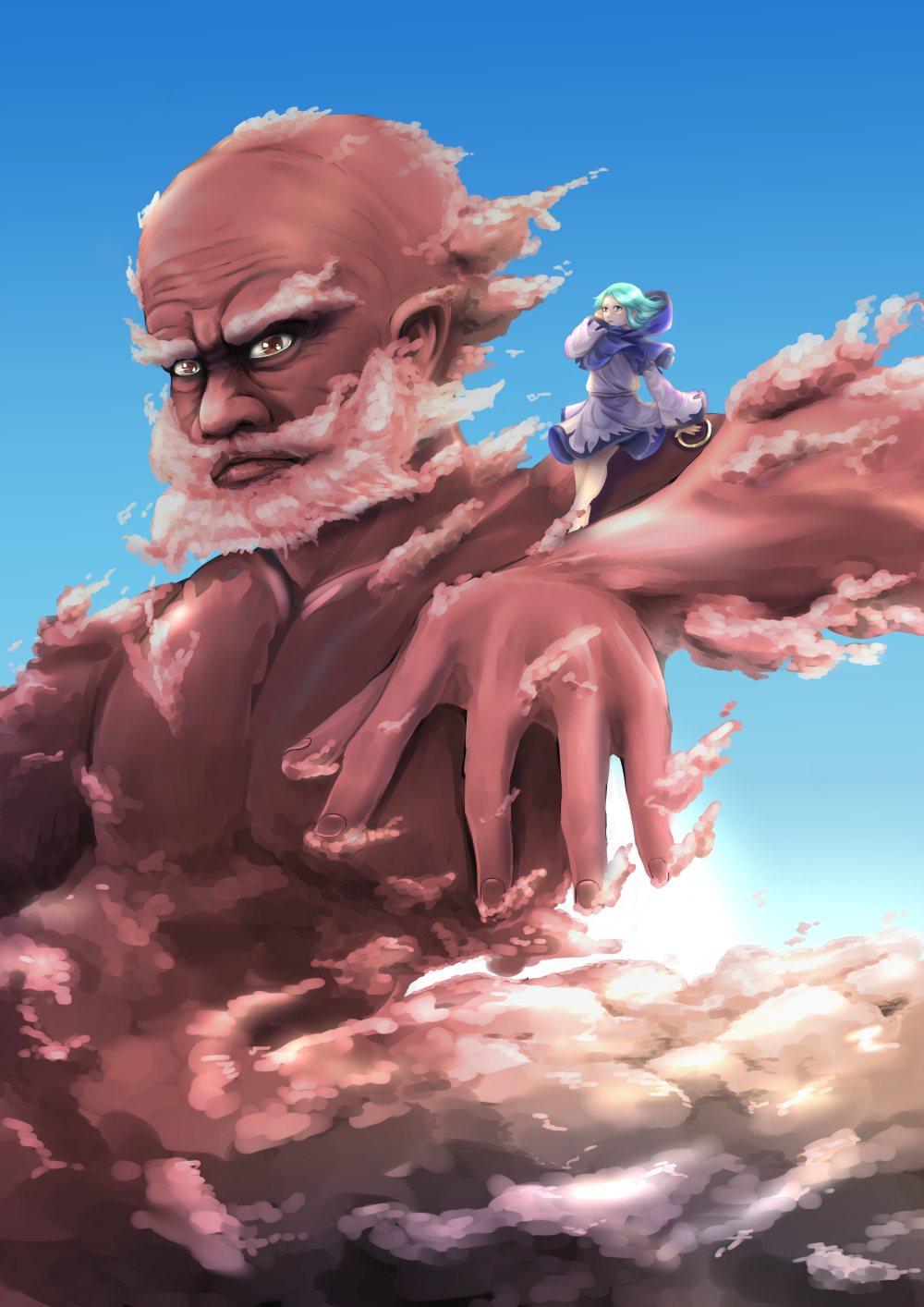 1boy 1girl arm_up bald beard blue_hair blue_sky brown_eyes clouds commentary_request day dress expressionless facial_hair fingernails hand_in_hair hara_(user_tvna7732) highres hood hood_down hoop kumoi_ichirin legs_crossed long_sleeves looking_at_viewer mustache outdoors short_hair sitting sitting_on_person sky touhou unzan white_dress